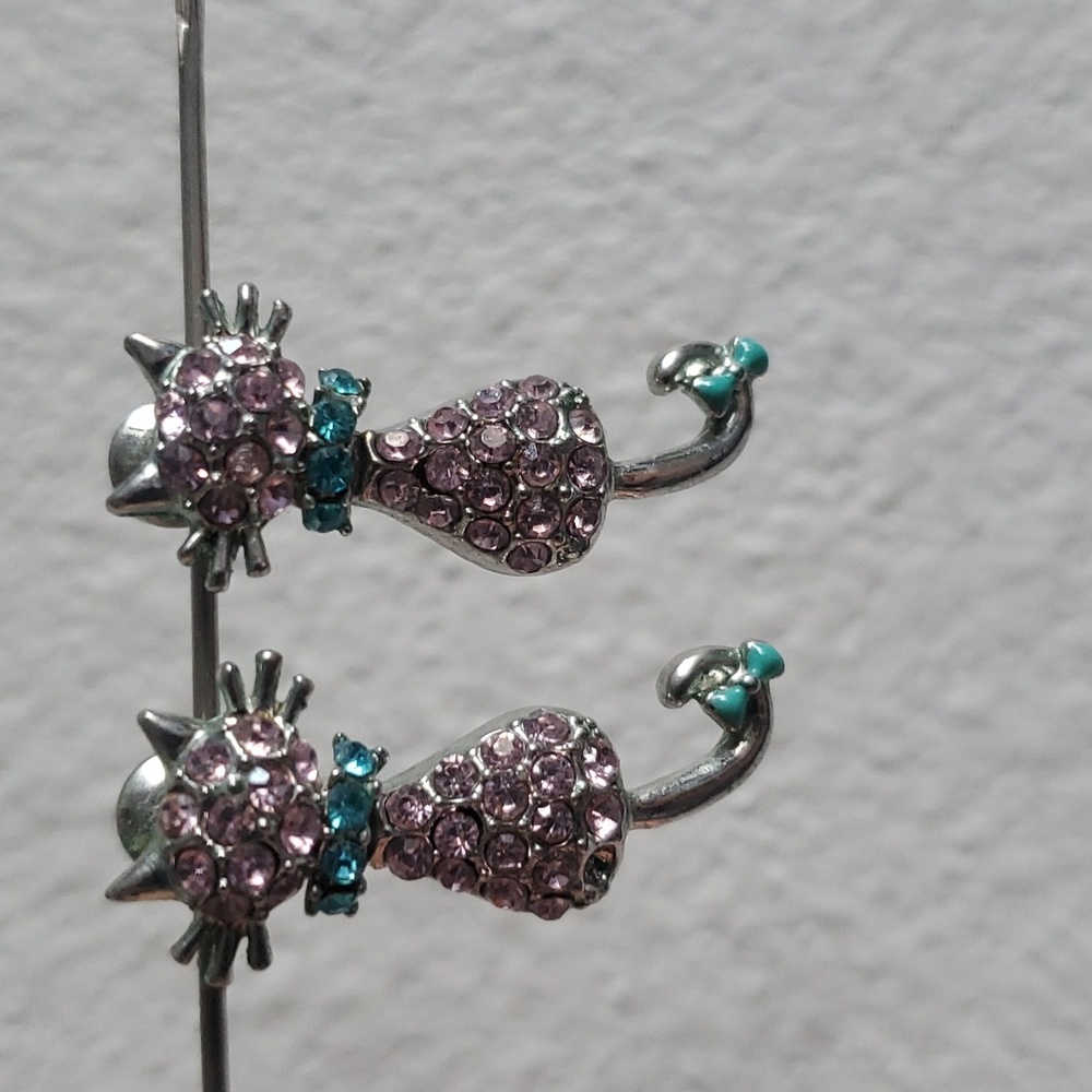 Pink Blue Gemstone Bejeweled Bobble Head Cat Dangle Post Earrings